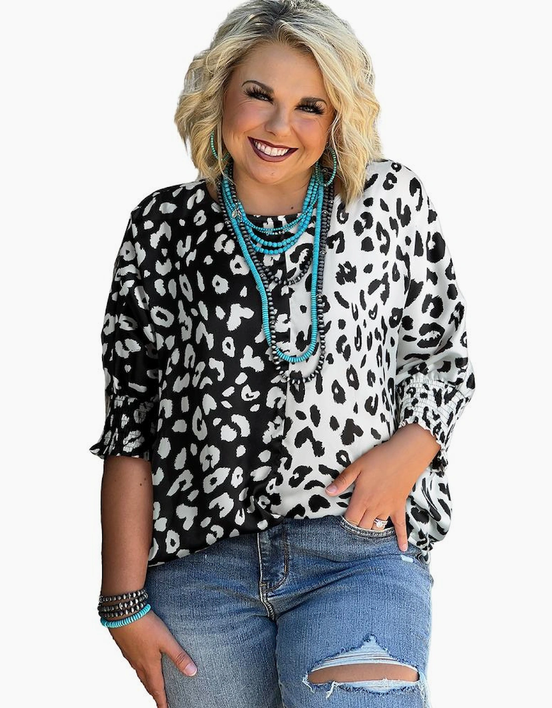 Black Plus Size Contrast Leopard Half Sleeve Blouse