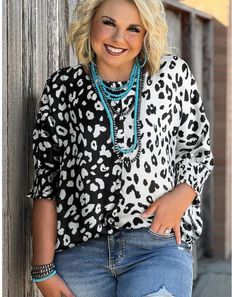 Black Plus Size Contrast Leopard Half Sleeve Blouse