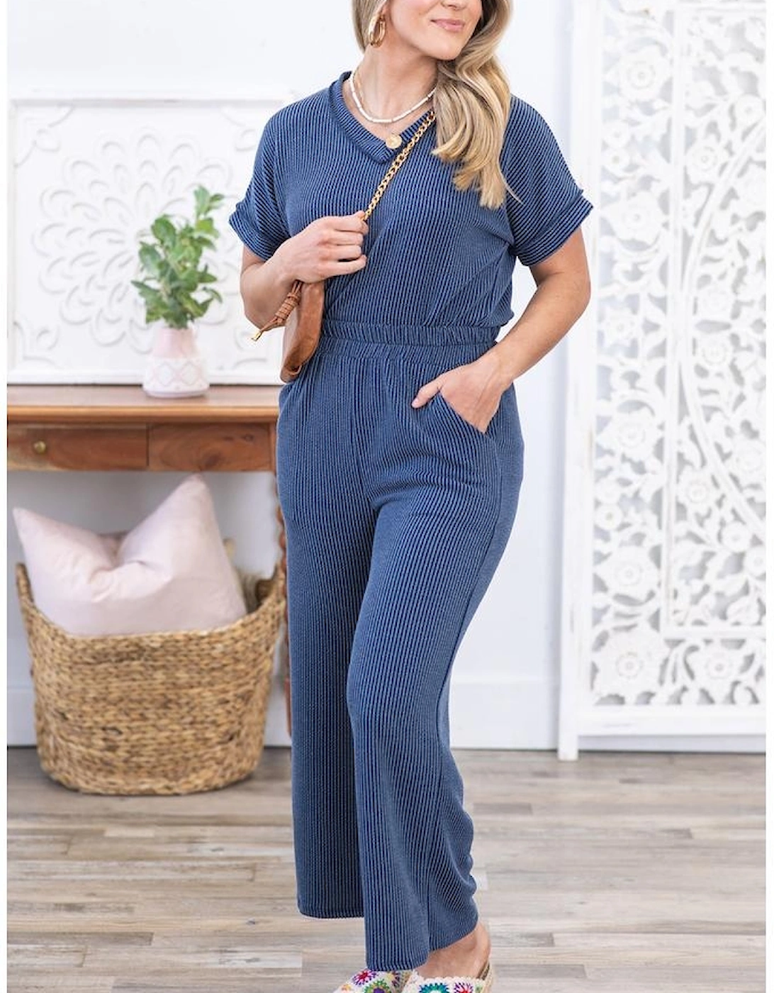 Sail Blue Ribbed V Neck Tee and Pants Plus Size Set