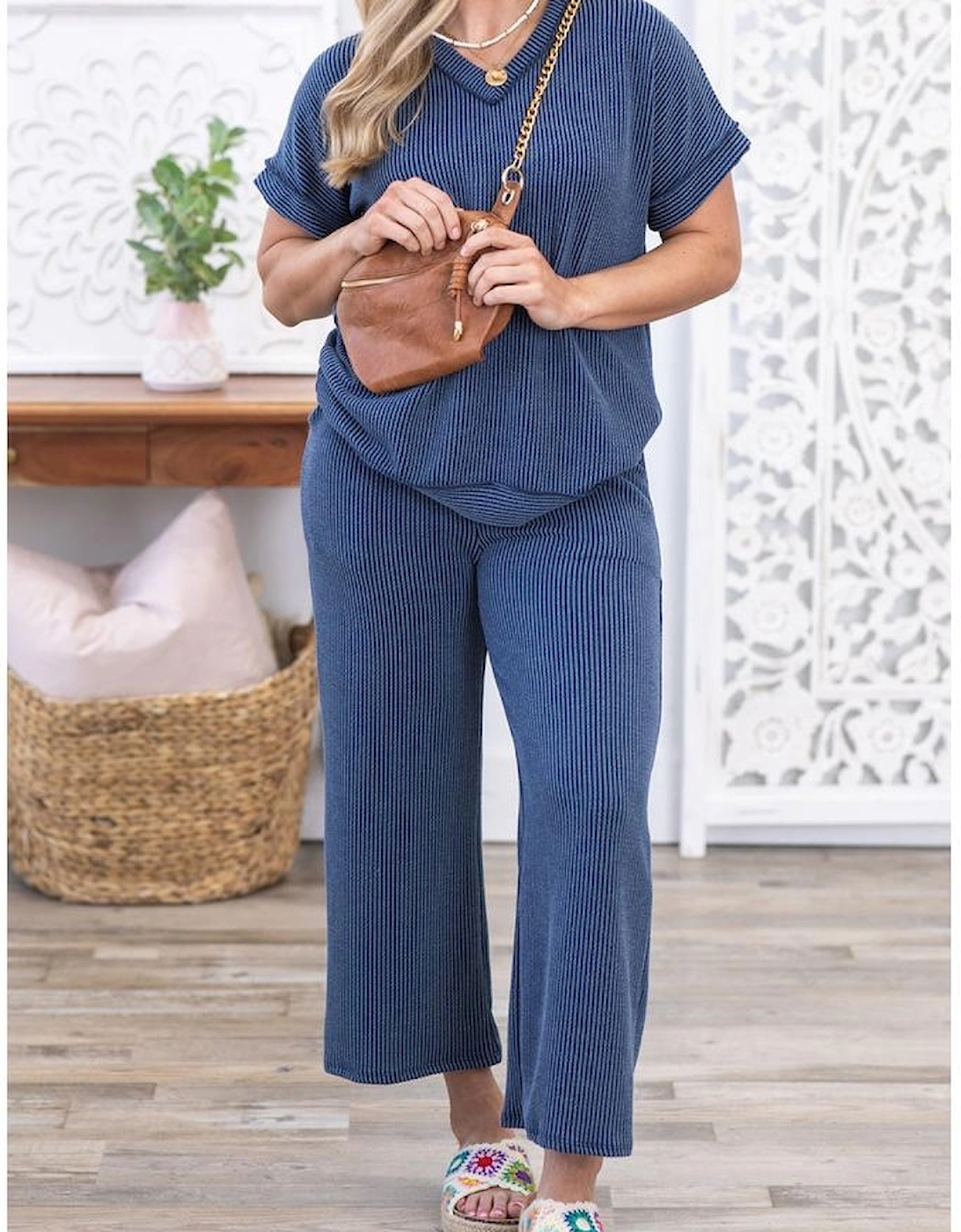 Sail Blue Ribbed V Neck Tee and Pants Plus Size Set
