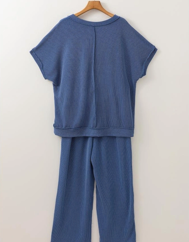 Sail Blue Ribbed V Neck Tee and Pants Plus Size Set