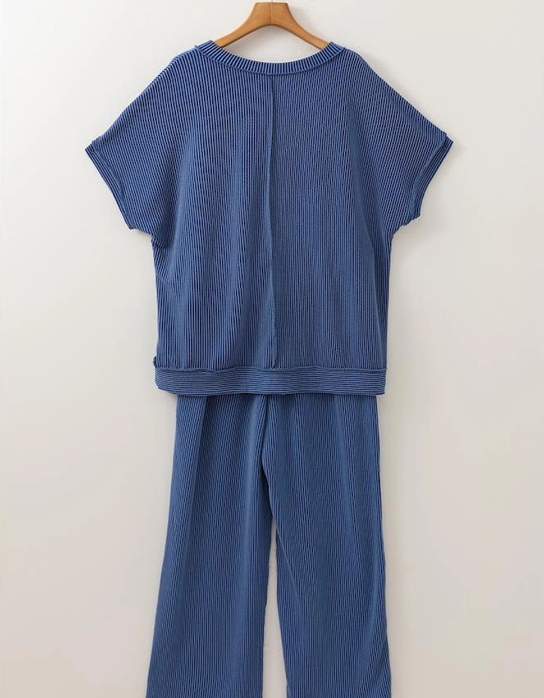Sail Blue Ribbed V Neck Tee and Pants Plus Size Set