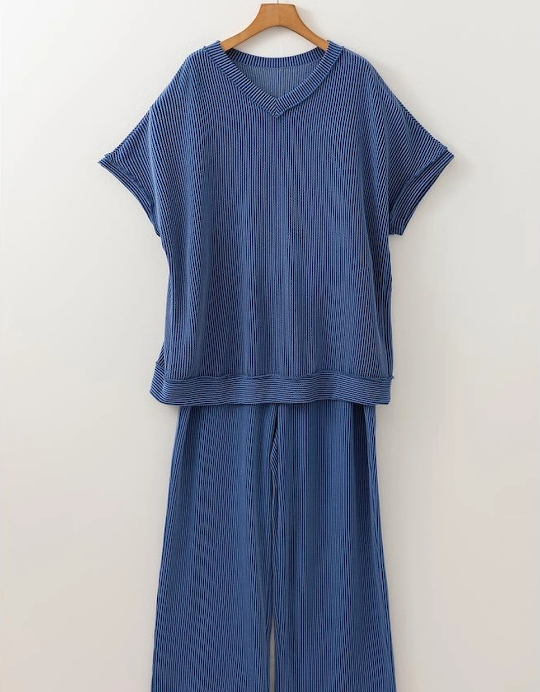 Sail Blue Ribbed V Neck Tee and Pants Plus Size Set