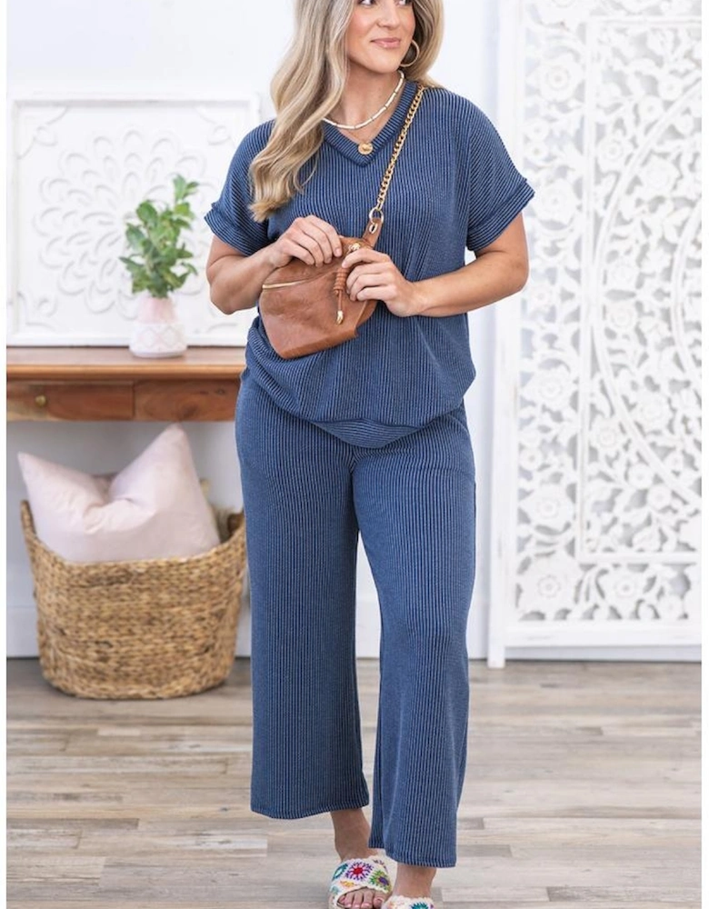 Sail Blue Ribbed V Neck Tee and Pants Plus Size Set