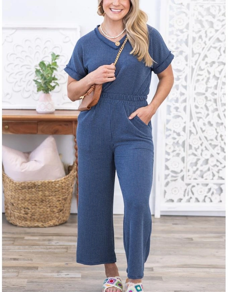 Sail Blue Ribbed V Neck Tee and Pants Plus Size Set