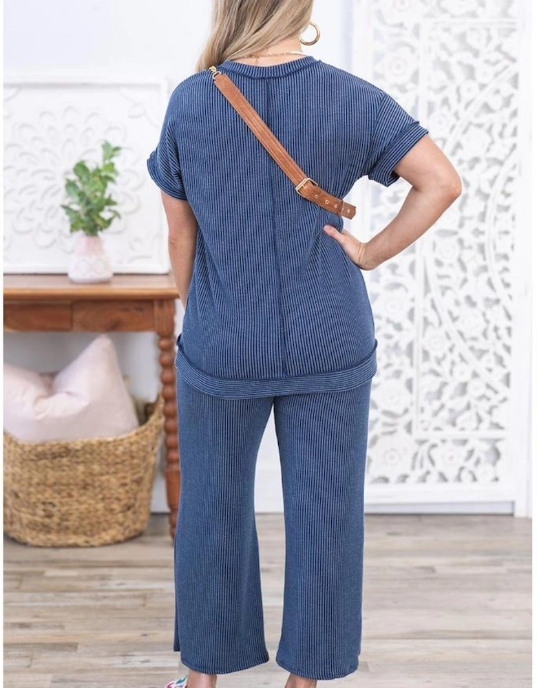 Sail Blue Ribbed V Neck Tee and Pants Plus Size Set