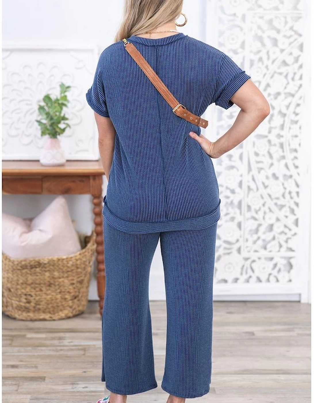 Sail Blue Ribbed V Neck Tee and Pants Plus Size Set