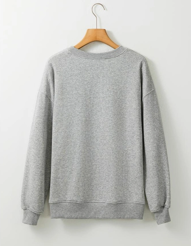 Gray Spooky Halloween Ghost Sequin Patched Sweatshirt