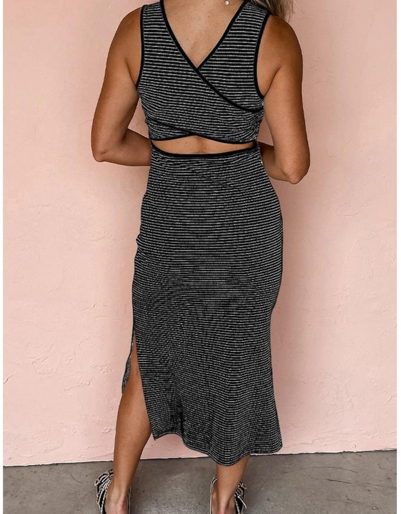 Black Stripe Criss Cross Side Slits Slim Fit Sleeveless Midi Dress