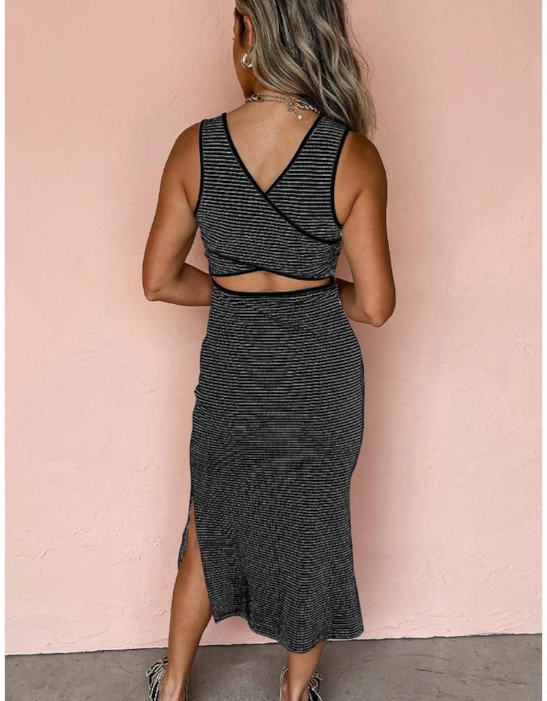 Black Stripe Criss Cross Side Slits Slim Fit Sleeveless Midi Dress