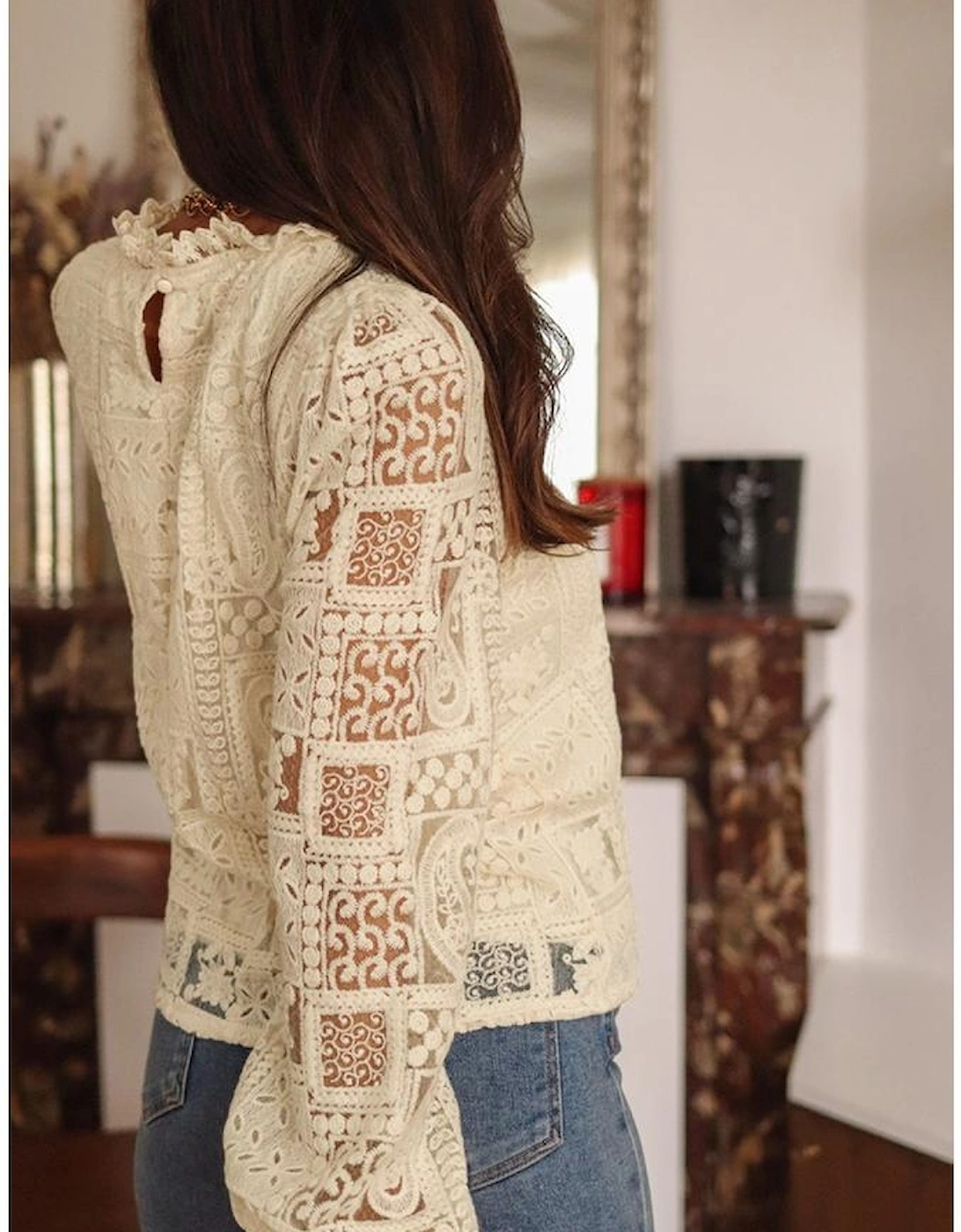 Azura Exchange Beige Frilled Collar Paisley Mixed Lace Blouse, 4 of 3