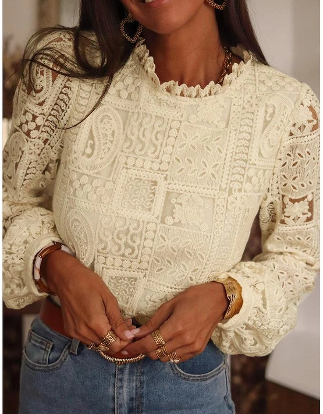 Azura Exchange Beige Frilled Collar Paisley Mixed Lace Blouse