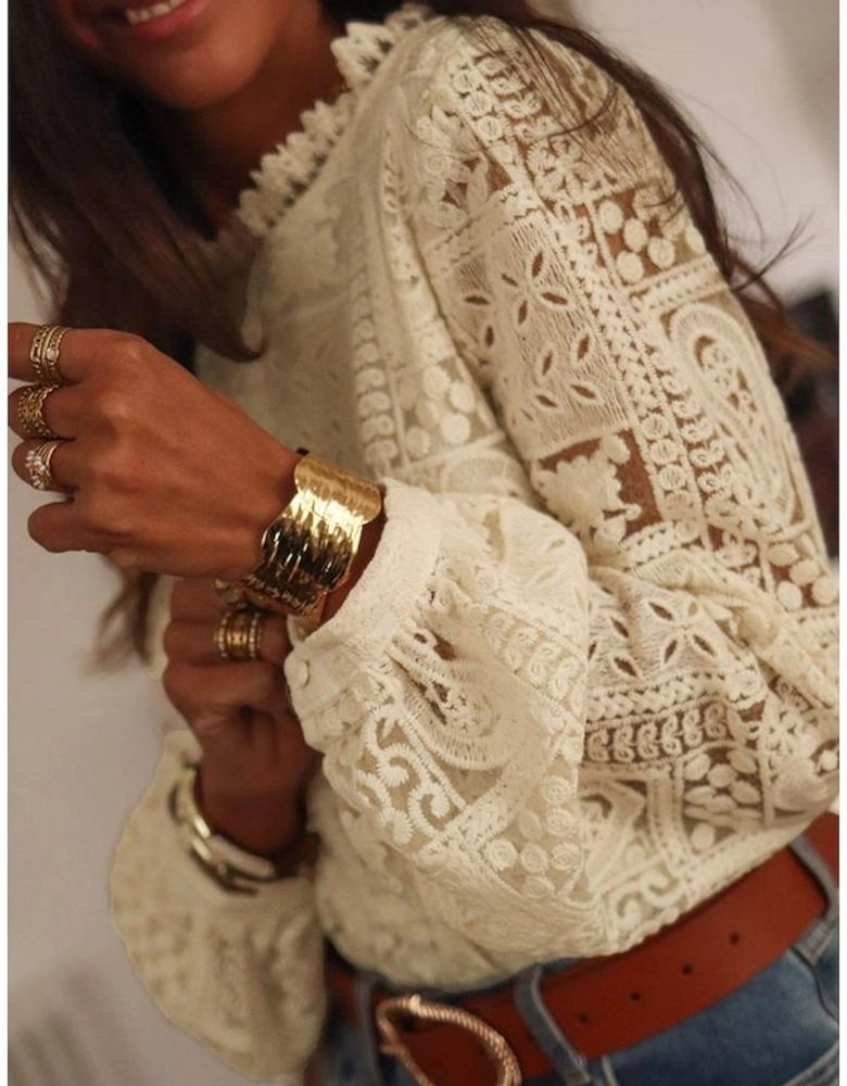 Azura Exchange Beige Frilled Collar Paisley Mixed Lace Blouse