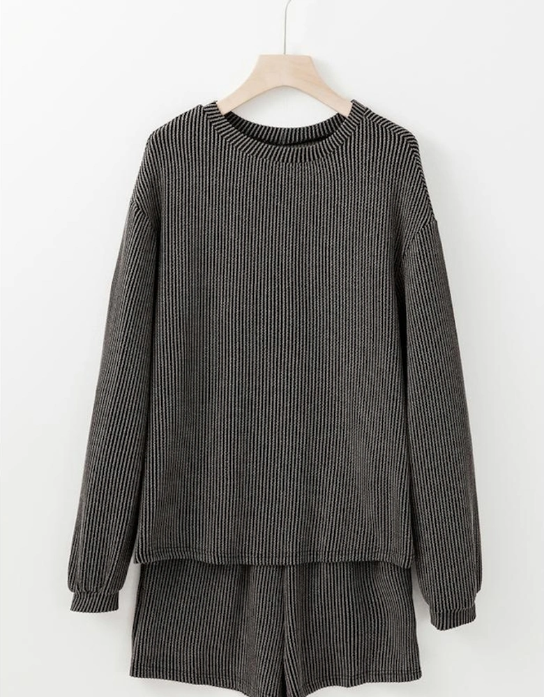 Carbon Grey Twisted Ribbed Sequin Holly Candy Cane Long Sleeve Top and Shorts 2pcs Outfit