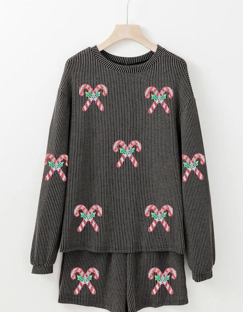 Carbon Grey Twisted Ribbed Sequin Holly Candy Cane Long Sleeve Top and Shorts 2pcs Outfit