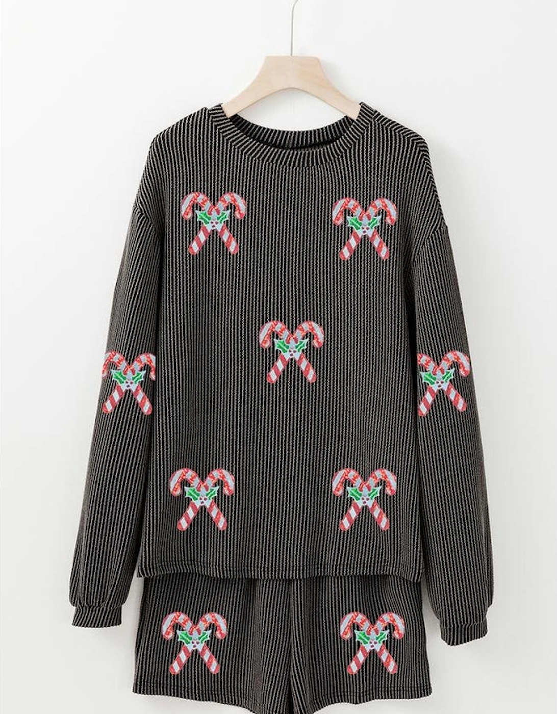 Carbon Grey Twisted Ribbed Sequin Holly Candy Cane Long Sleeve Top and Shorts 2pcs Outfit, 4 of 3