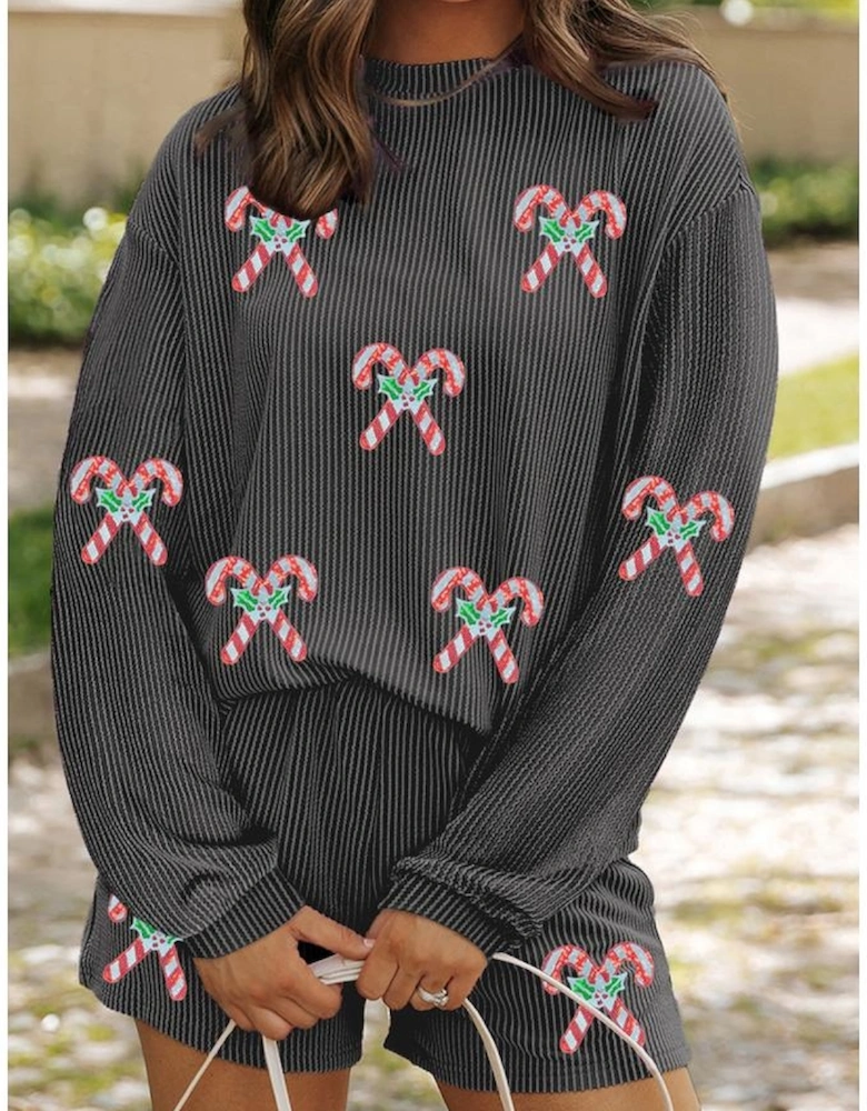 Carbon Grey Twisted Ribbed Sequin Holly Candy Cane Long Sleeve Top and Shorts 2pcs Outfit