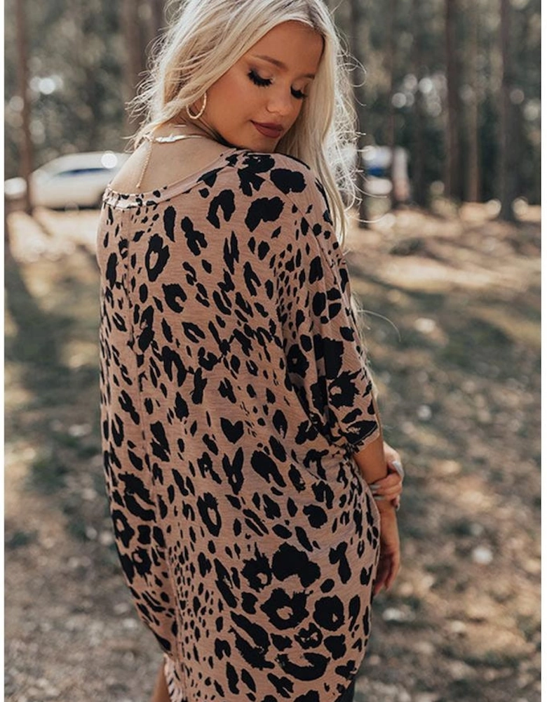 Brown Leopard Print V Neck Half Sleeve Oversized Tee