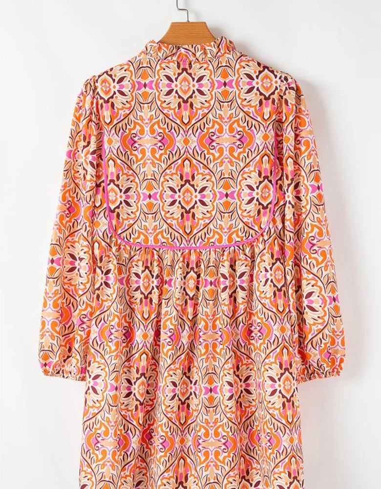 Khaki Abstract Printed Long Sleeve Tied Neckline Mini Dress