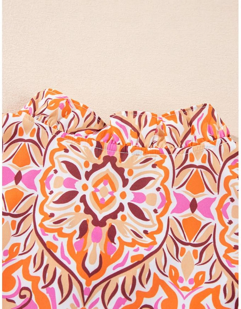 Khaki Abstract Printed Long Sleeve Tied Neckline Mini Dress