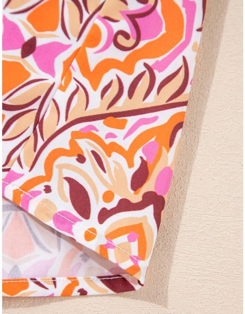 Khaki Abstract Printed Long Sleeve Tied Neckline Mini Dress