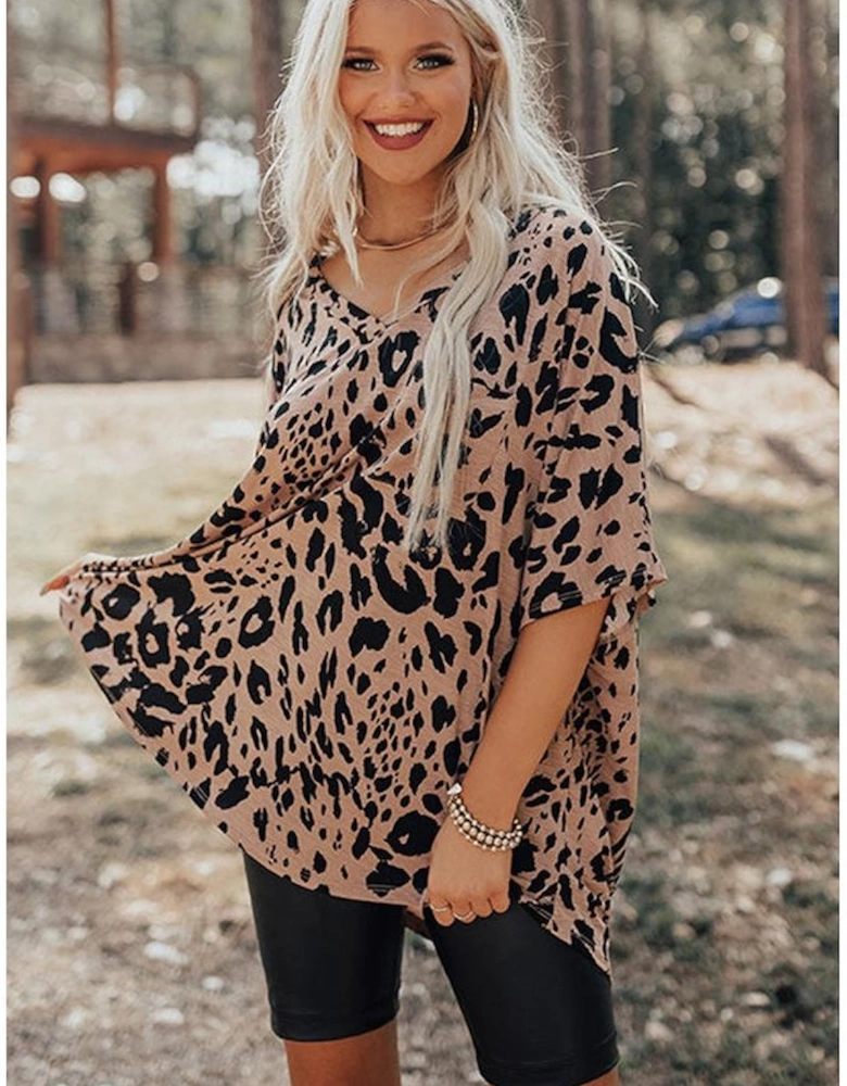 Brown Leopard Print V Neck Half Sleeve Oversized Tee