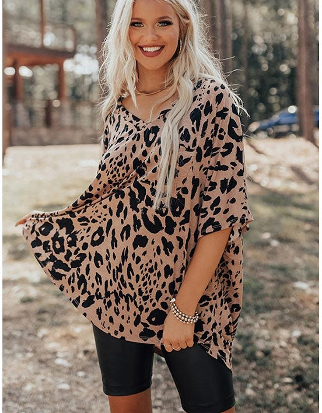 Brown Leopard Print V Neck Half Sleeve Oversized Tee