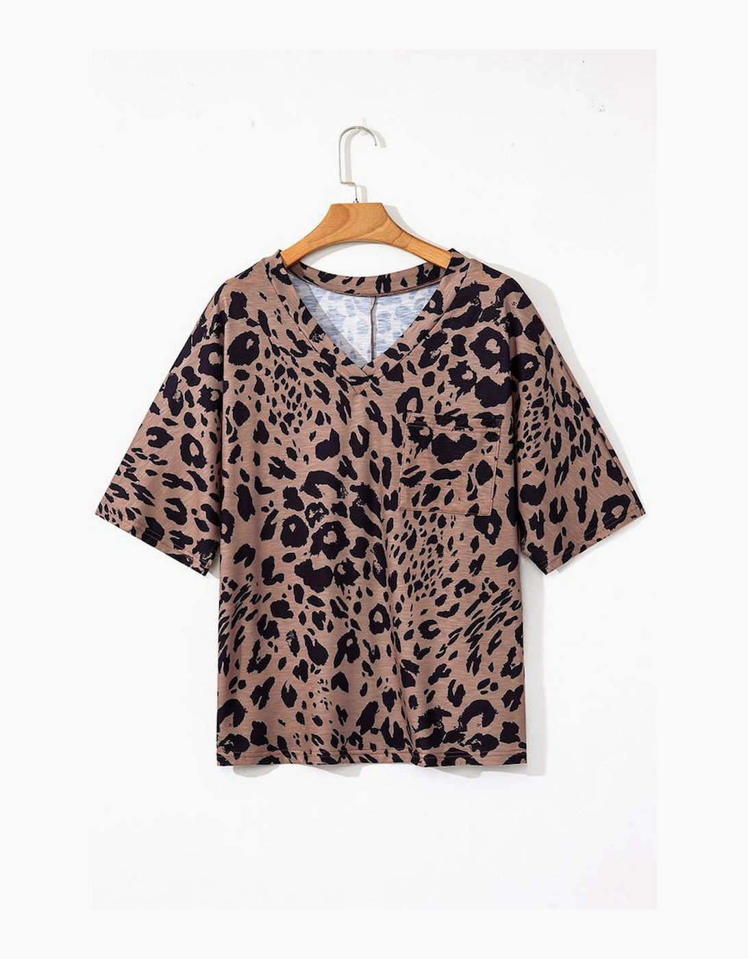 Brown Leopard Print V Neck Half Sleeve Oversized Tee