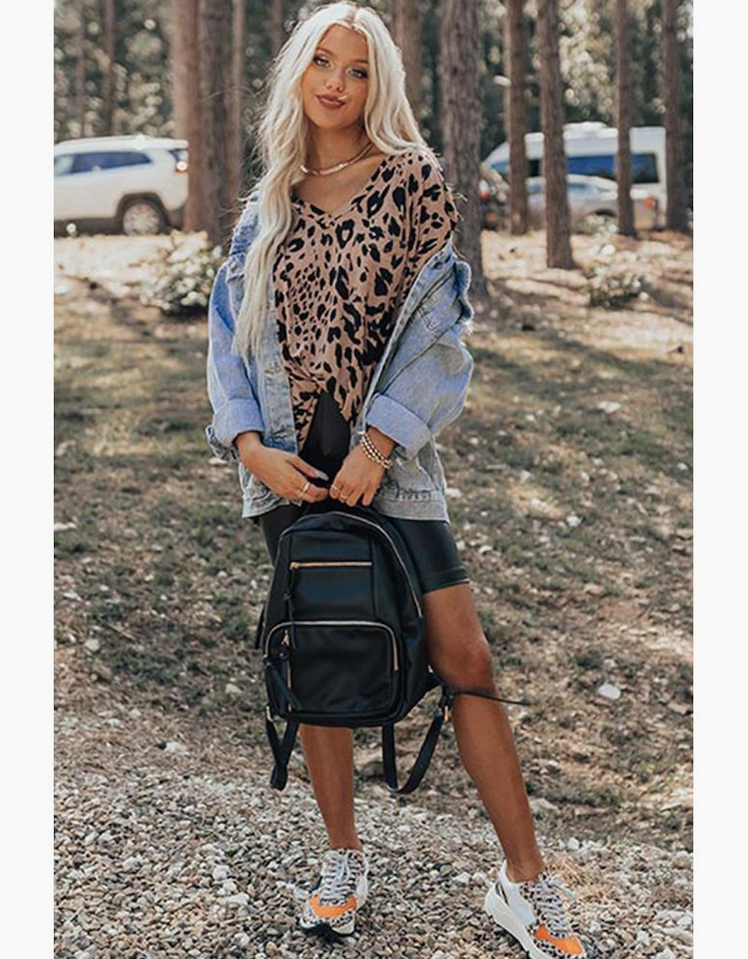 Brown Leopard Print V Neck Half Sleeve Oversized Tee