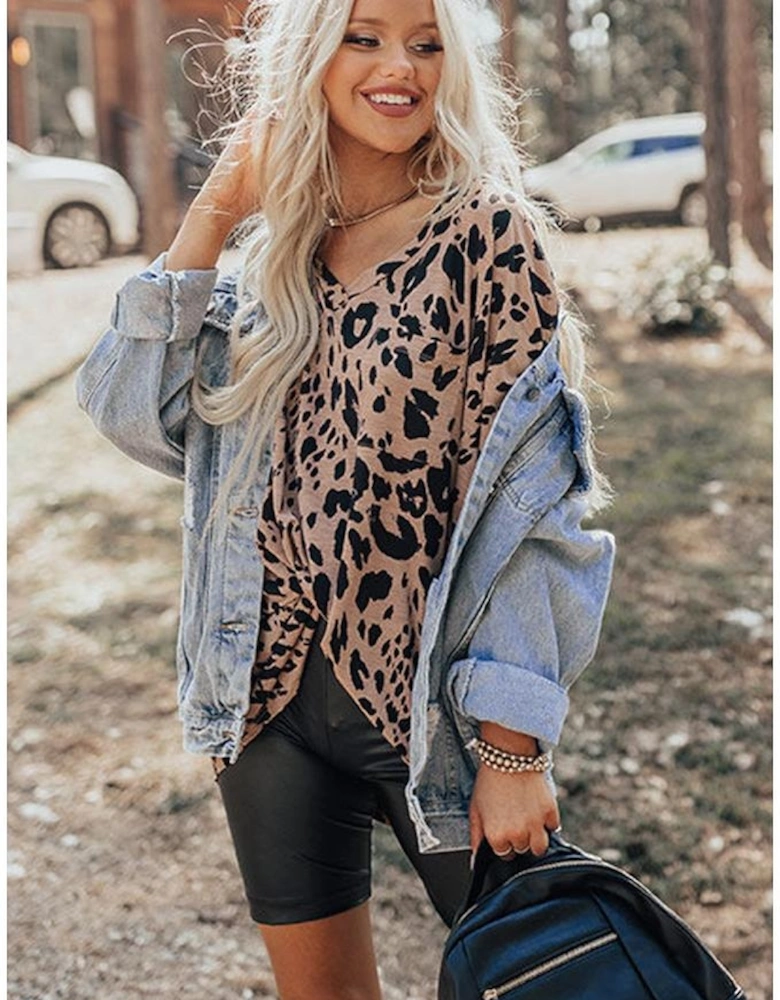 Brown Leopard Print V Neck Half Sleeve Oversized Tee