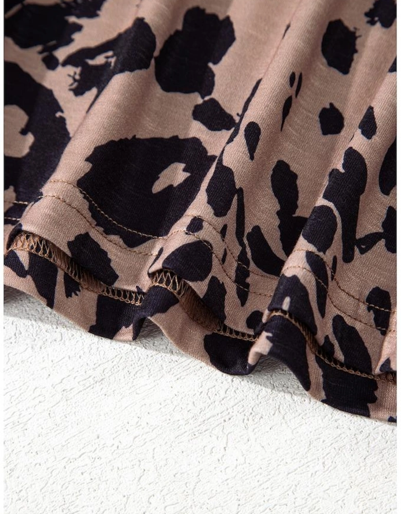 Brown Leopard Print V Neck Half Sleeve Oversized Tee