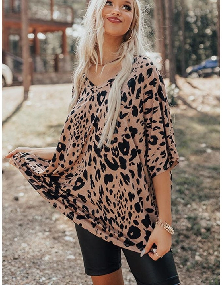 Brown Leopard Print V Neck Half Sleeve Oversized Tee