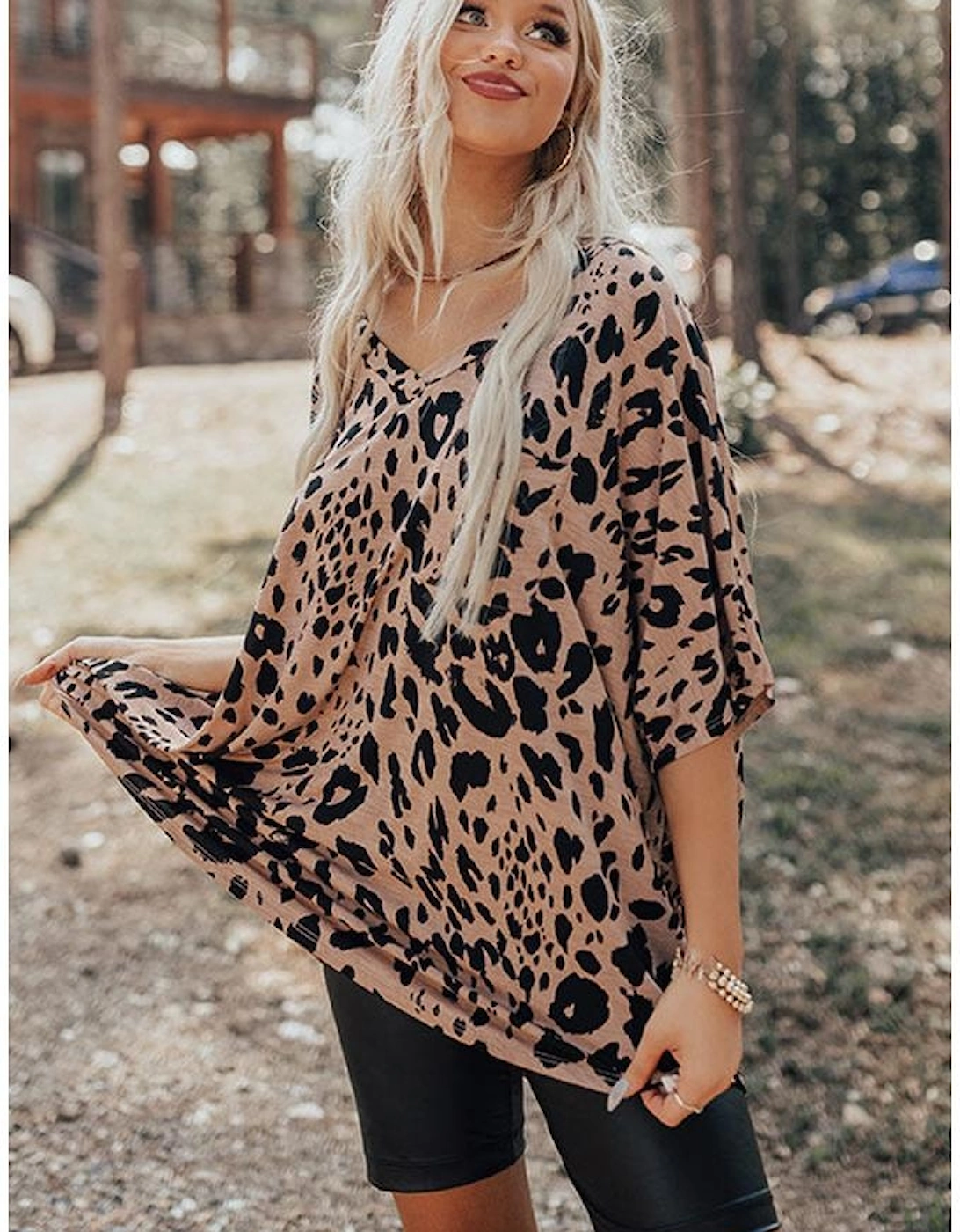 Brown Leopard Print V Neck Half Sleeve Oversized Tee
