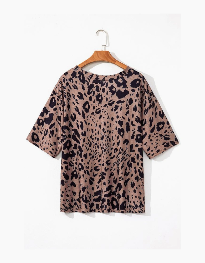 Brown Leopard Print V Neck Half Sleeve Oversized Tee