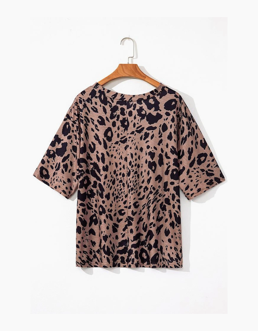Brown Leopard Print V Neck Half Sleeve Oversized Tee