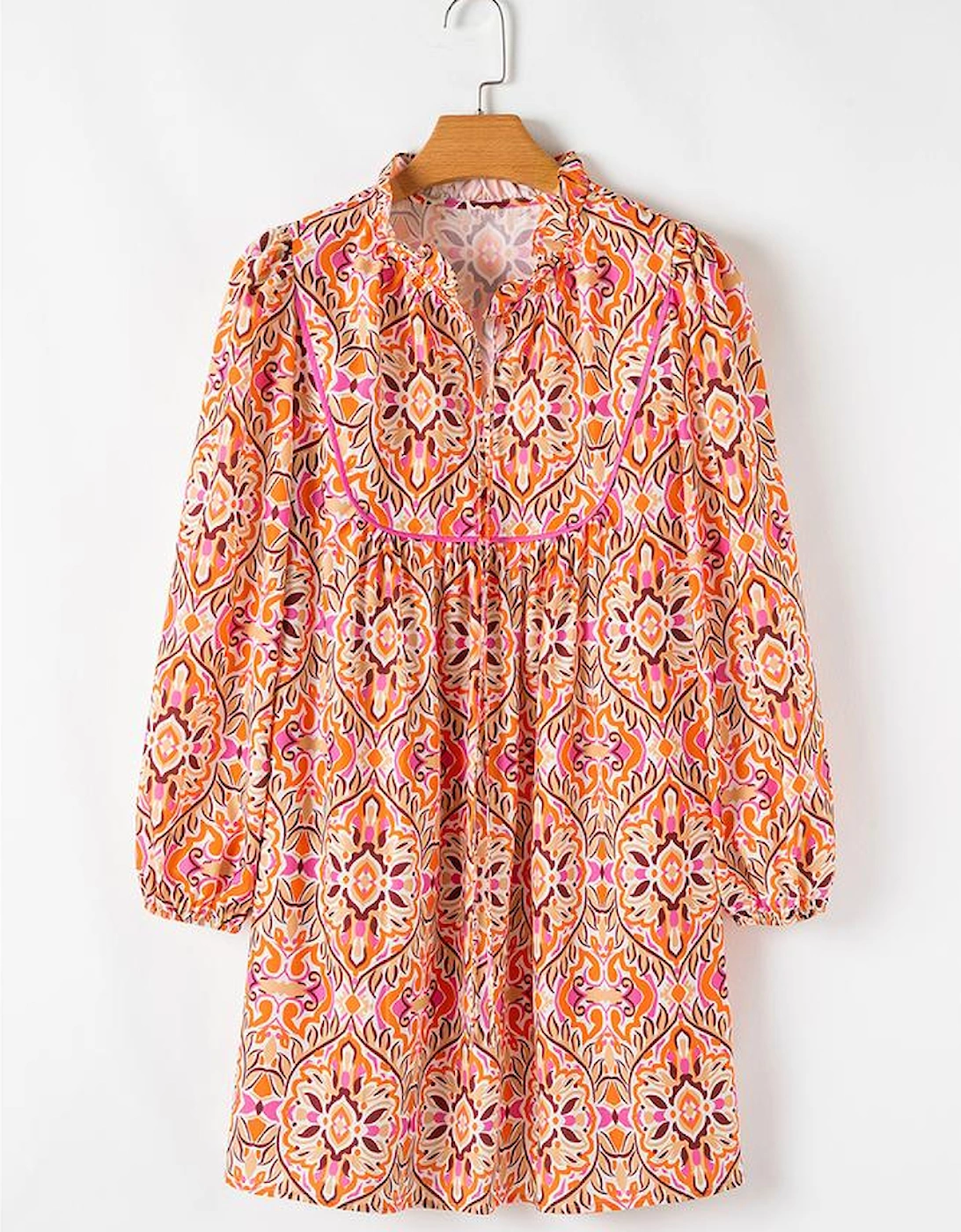 Khaki Abstract Printed Long Sleeve Tied Neckline Mini Dress