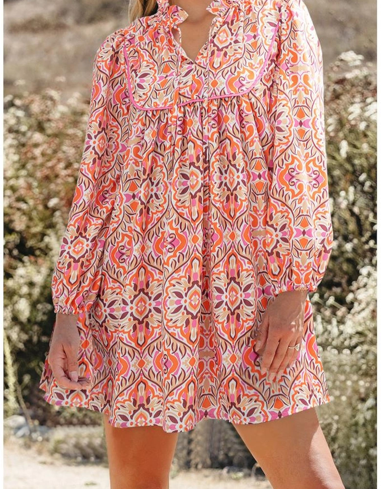 Khaki Abstract Printed Long Sleeve Tied Neckline Mini Dress