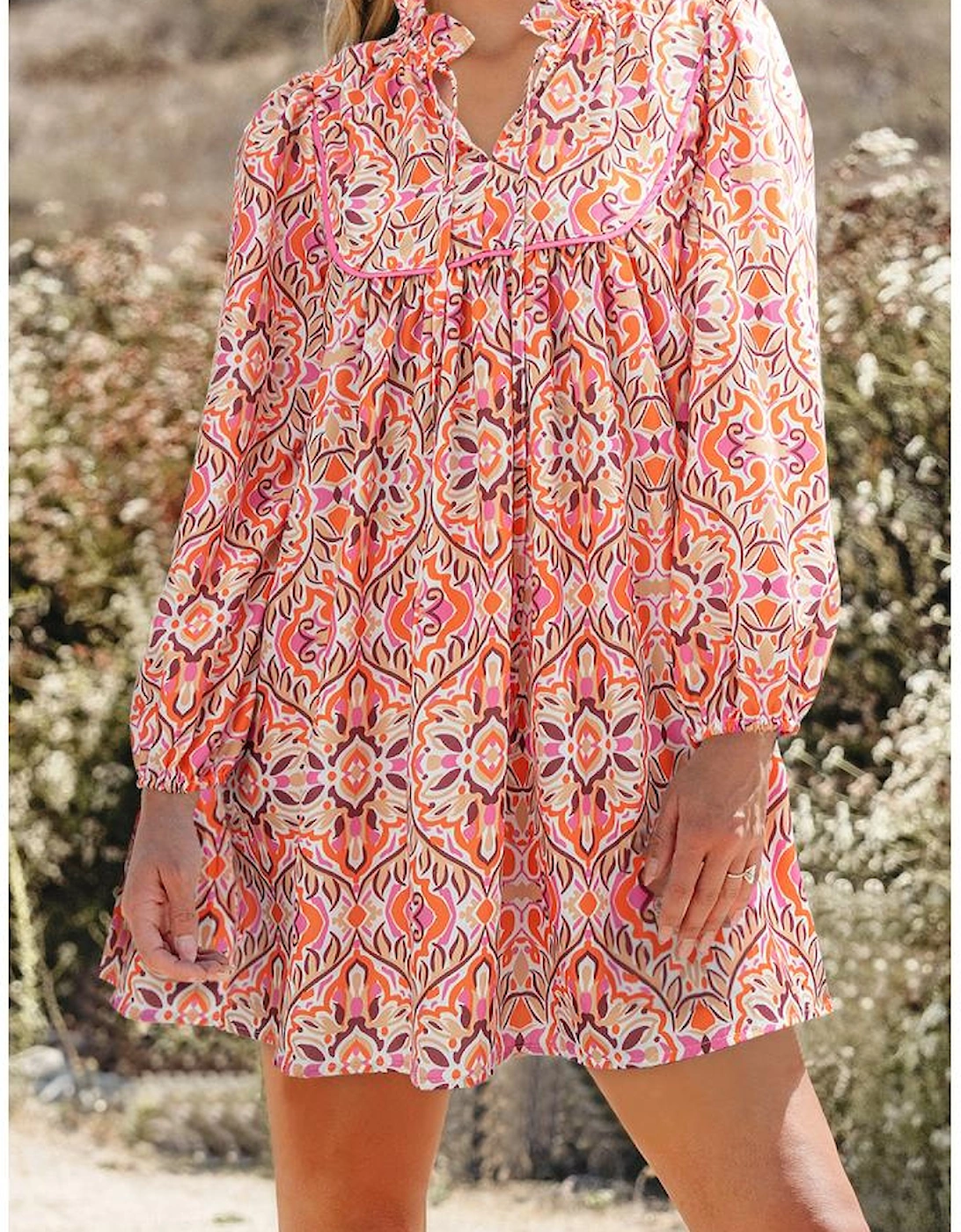 Khaki Abstract Printed Long Sleeve Tied Neckline Mini Dress