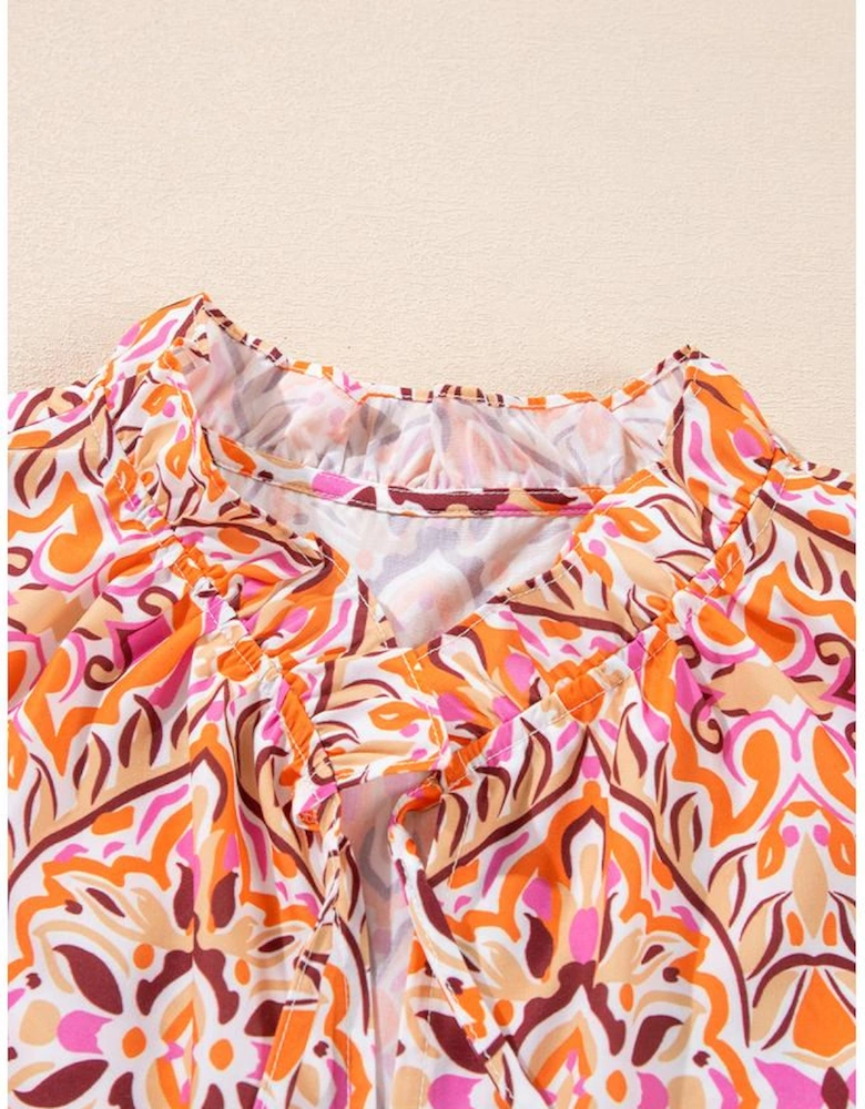 Khaki Abstract Printed Long Sleeve Tied Neckline Mini Dress