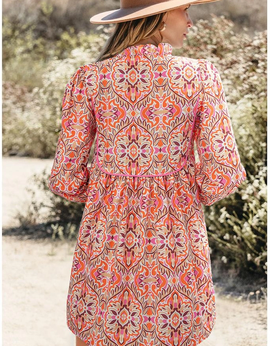 Khaki Abstract Printed Long Sleeve Tied Neckline Mini Dress