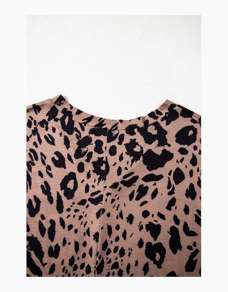 Brown Leopard Print V Neck Half Sleeve Oversized Tee