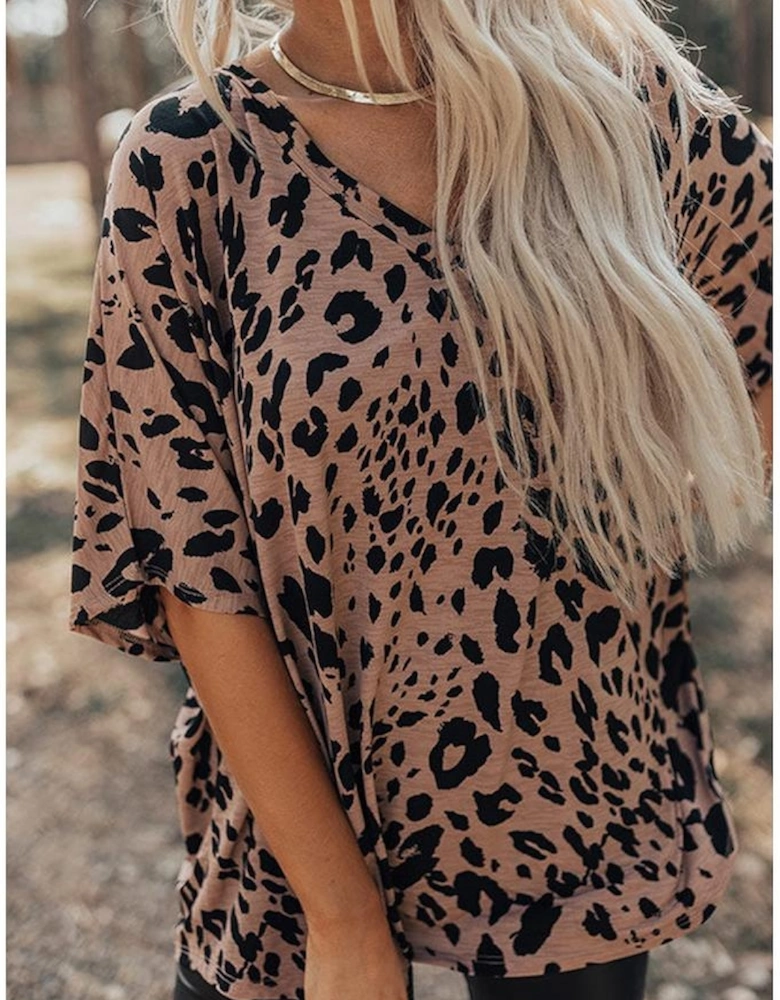 Brown Leopard Print V Neck Half Sleeve Oversized Tee