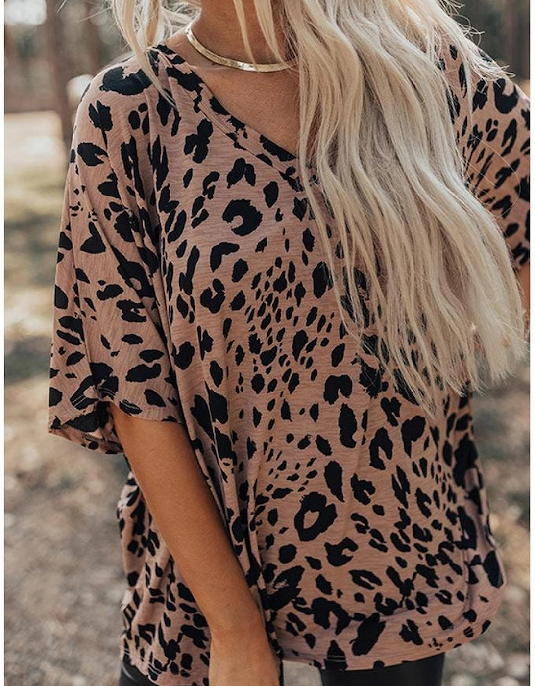 Brown Leopard Print V Neck Half Sleeve Oversized Tee
