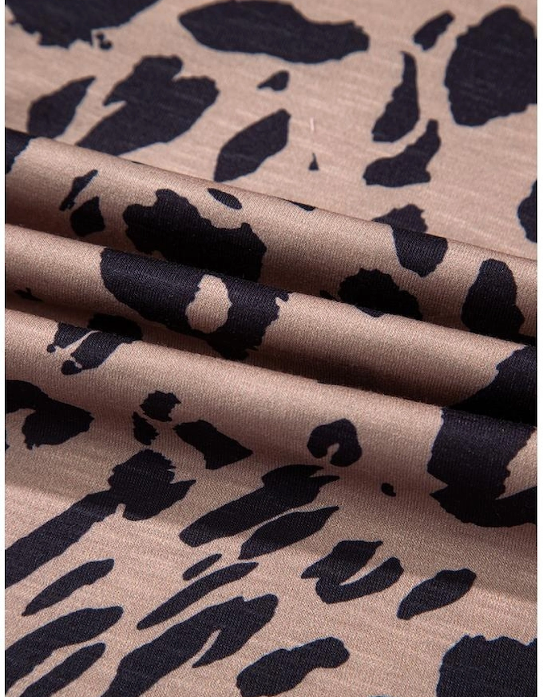 Brown Leopard Print V Neck Half Sleeve Oversized Tee