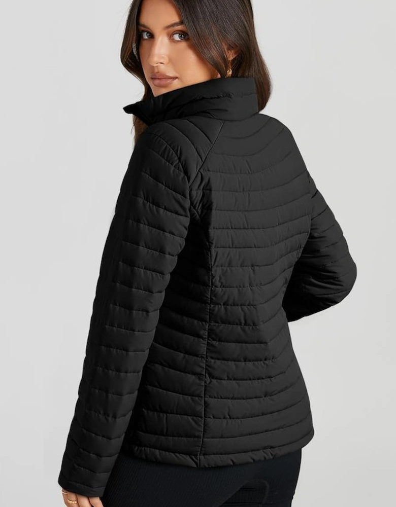 Black Solid Color Quilted Zip-up Puffer Jacket