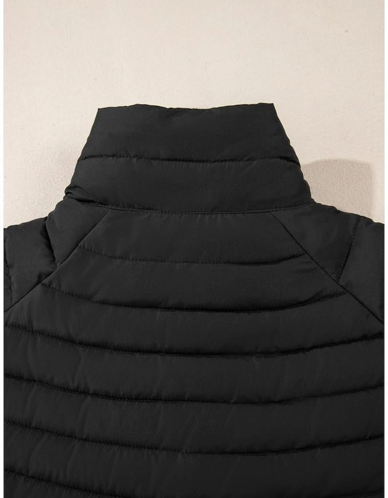 Black Solid Color Quilted Zip-up Puffer Jacket