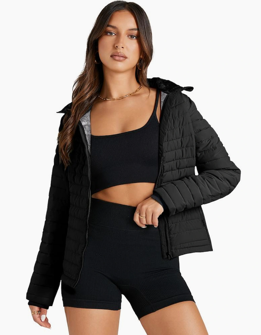 Black Solid Color Quilted Zip-up Puffer Jacket
