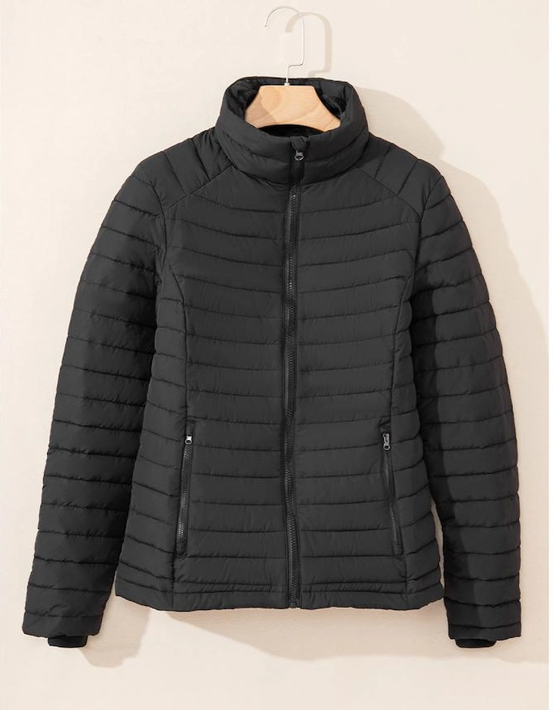 Black Solid Color Quilted Zip-up Puffer Jacket