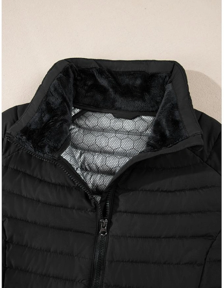 Black Solid Color Quilted Zip-up Puffer Jacket