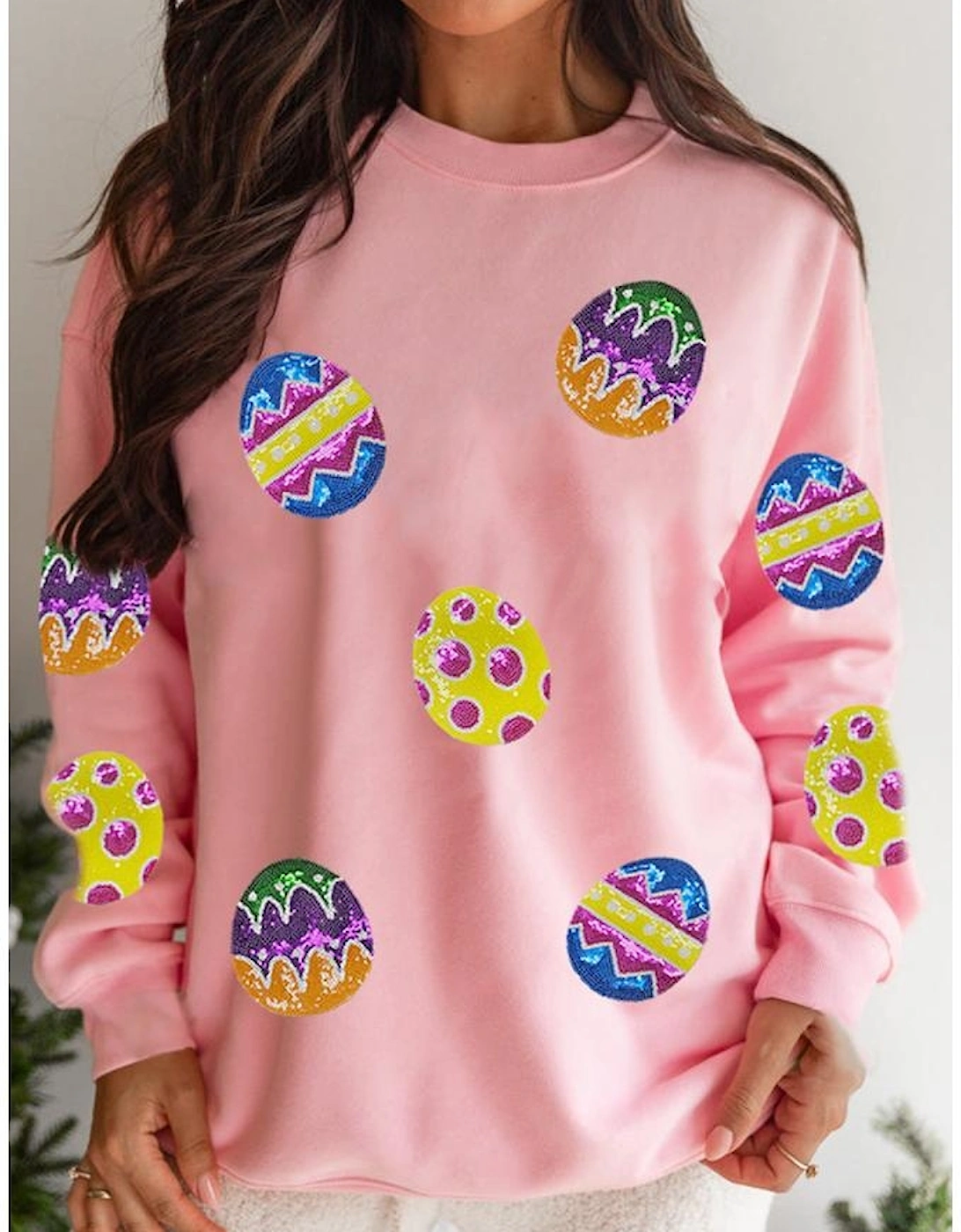 Pink Easter Egg Patched Graphic Drop Shoulder Pullover Sweatshirt